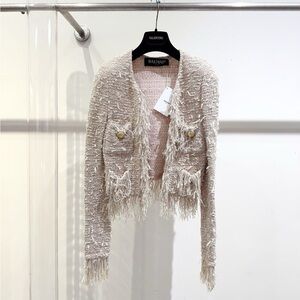 Authentic Balmain Soft Champagne Fringe Tweed Cropped Jacket